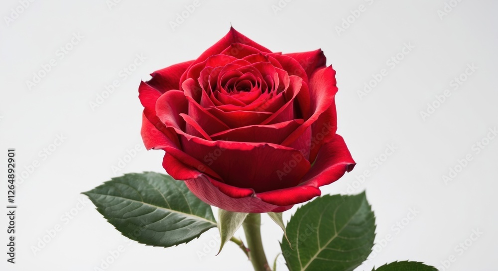 Poster red rose flower with green leaves on a white background isolated with copy space for text or graphic