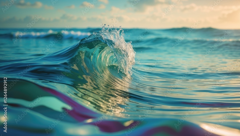 Poster Close-up view of ocean wave with splashes and reflections during sunset with colorful surface details and gentle lighting Copy Space