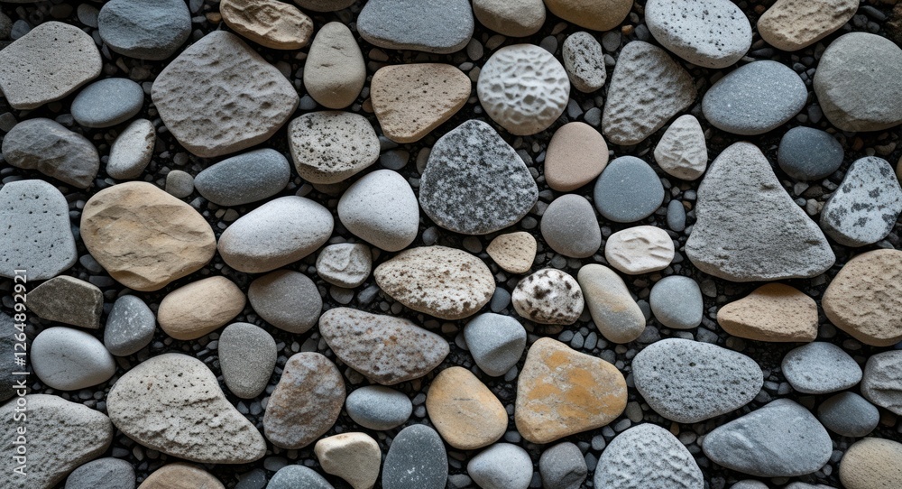 Leinwandbilder variety of smooth pebbles and stones in natural colors arranged on a flat surface with textured patt