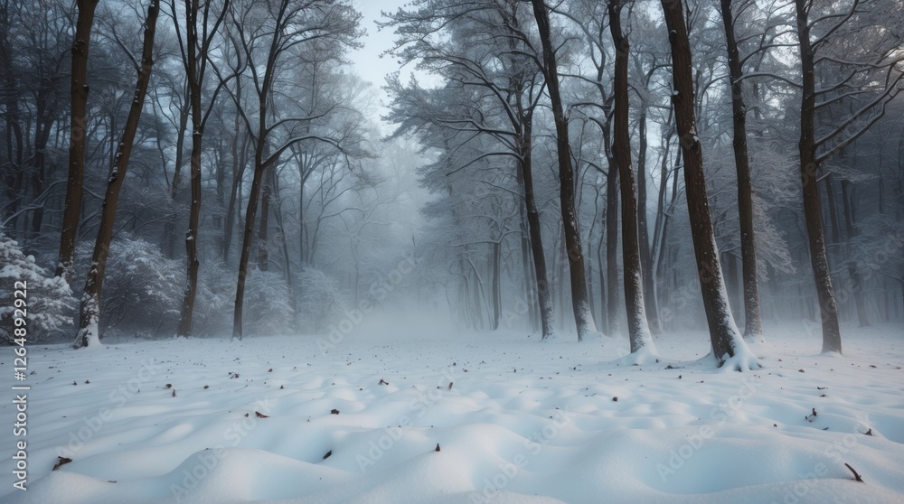 Poster winter forest scene with snow-covered ground and bare trees in foggy atmosphere copy space