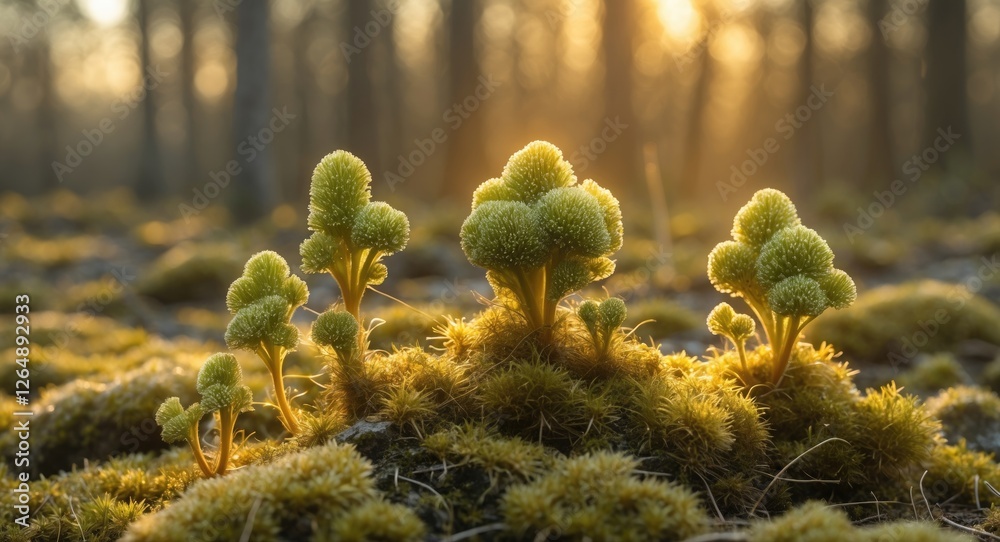 Poster green moss and sprouts in a forest during sunrise capturing soft light in a natural setting with cop