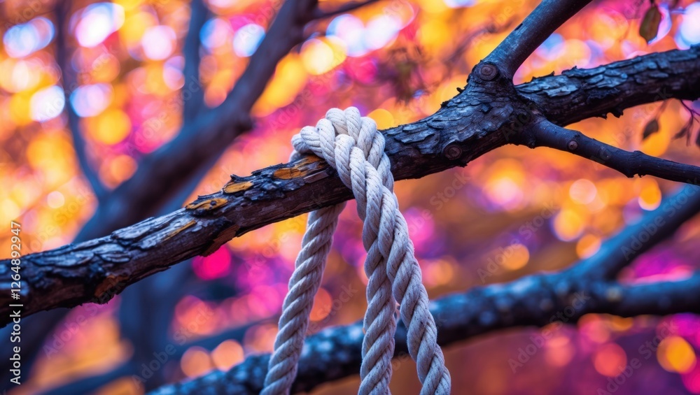 Aufkleber Rope tied to a tree branch with autumn foliage in the background displaying vibrant bokeh colors Copy Space