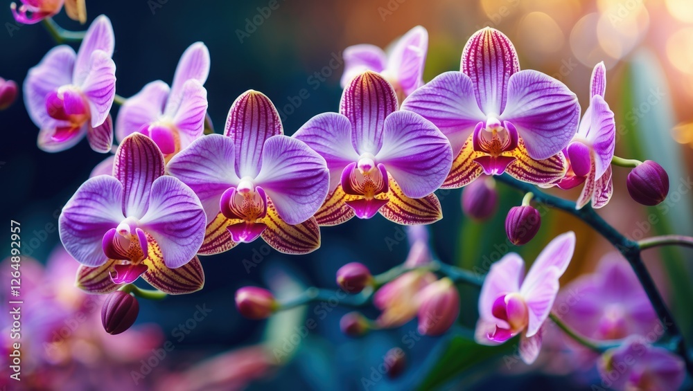 Poster delicate pink and purple orchids blooming with soft background bokeh and natural light copy space