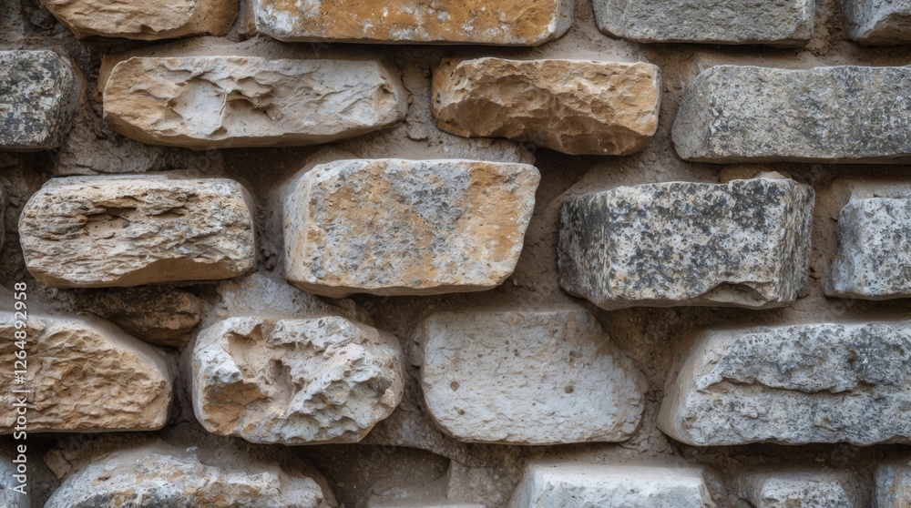 Poster stone wall texture with various sizes and shapes of natural stones in earth tones suitable for backg