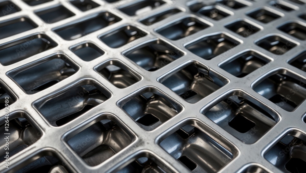 Poster Close-up of metallic grid pattern with uniform rectangular openings and reflective surface exhibiting industrial design elements Copy Space