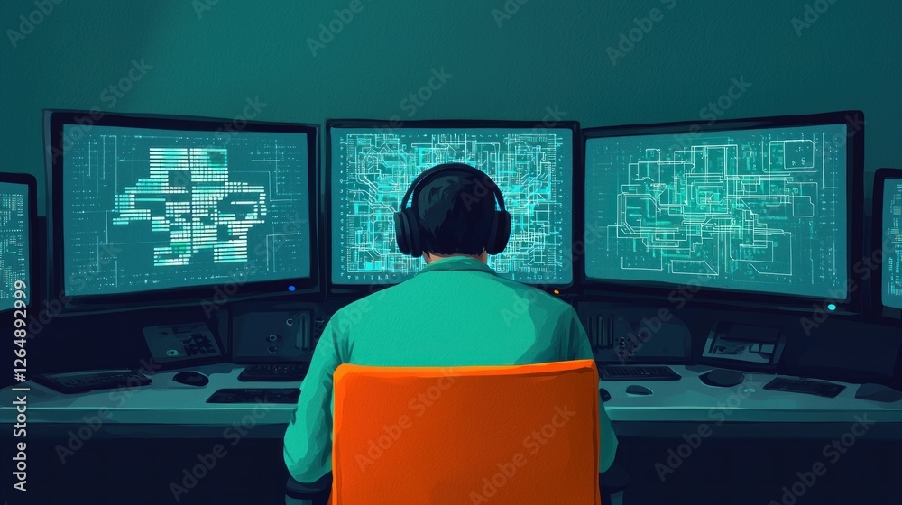 Poster Person Wearing Headphones Working on Multiple Computer Monitors with Digital Graphics in Dark Environment