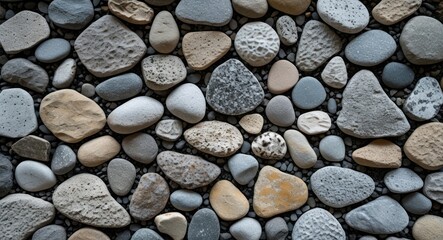 Variety of smooth pebbles and stones in natural colors arranged on a flat surface with textured patterns Copy Space