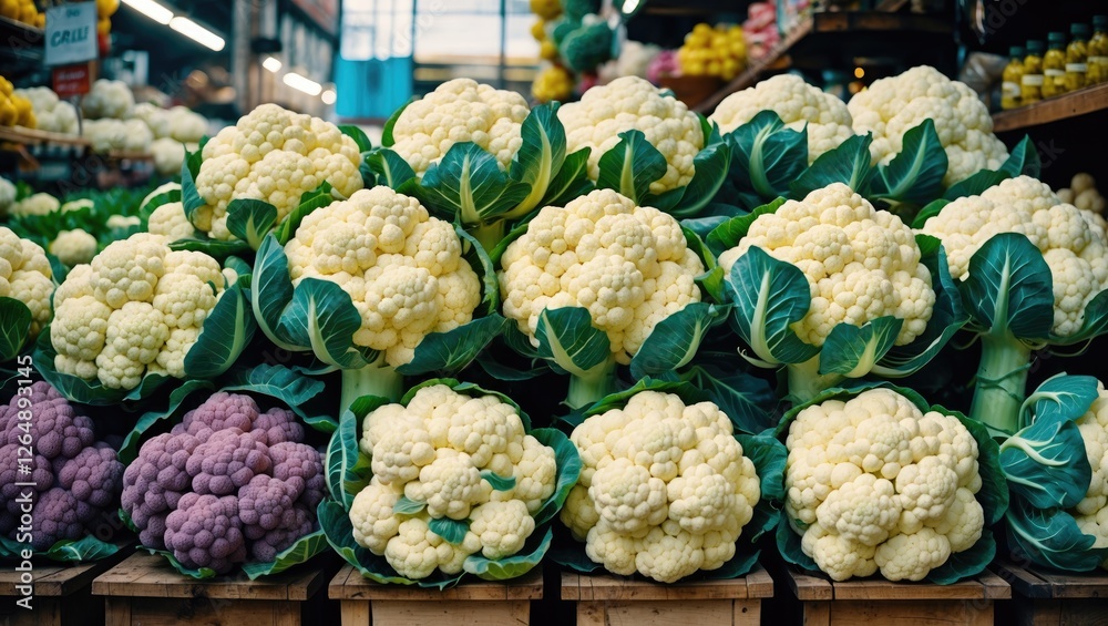 Poster fresh assorted cauliflower and green leaves displayed at a market stall with vibrant colors on woode