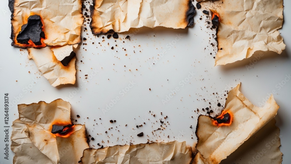 Aufkleber burnt and damaged old paper sheets with ashes and soot on white background copy space