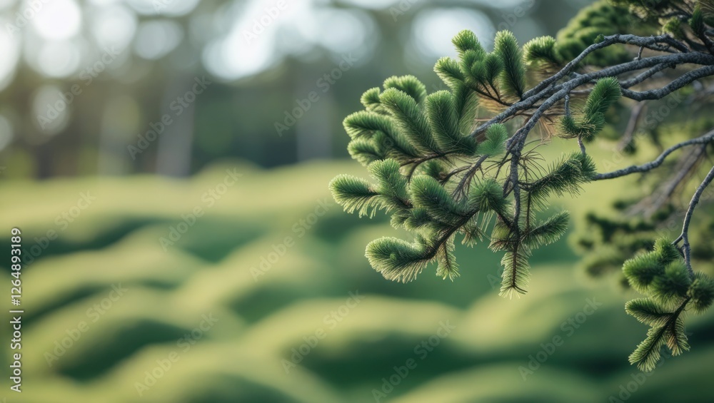 Poster close-up of evergreen branch with blurred green landscape background demonstrating natural scenery c