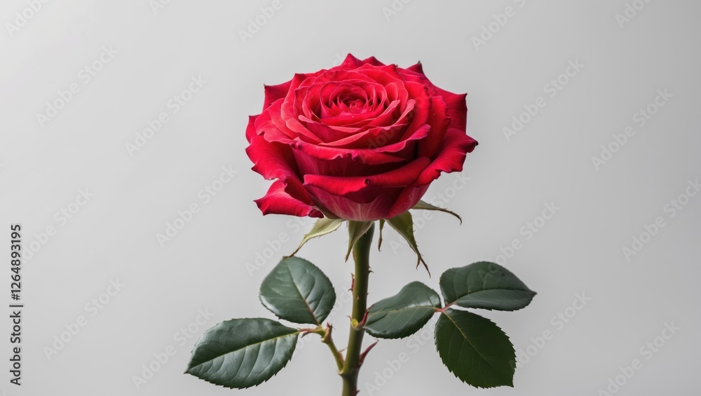 Poster red rose flower isolated on white background with green leaves and copy space for text placement