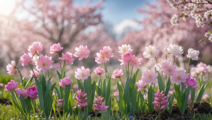 Fototapeta premium Colorful blooming flowers in spring garden with blurred cherry blossom trees in background showcasing vibrant nature scene with soft sunlight