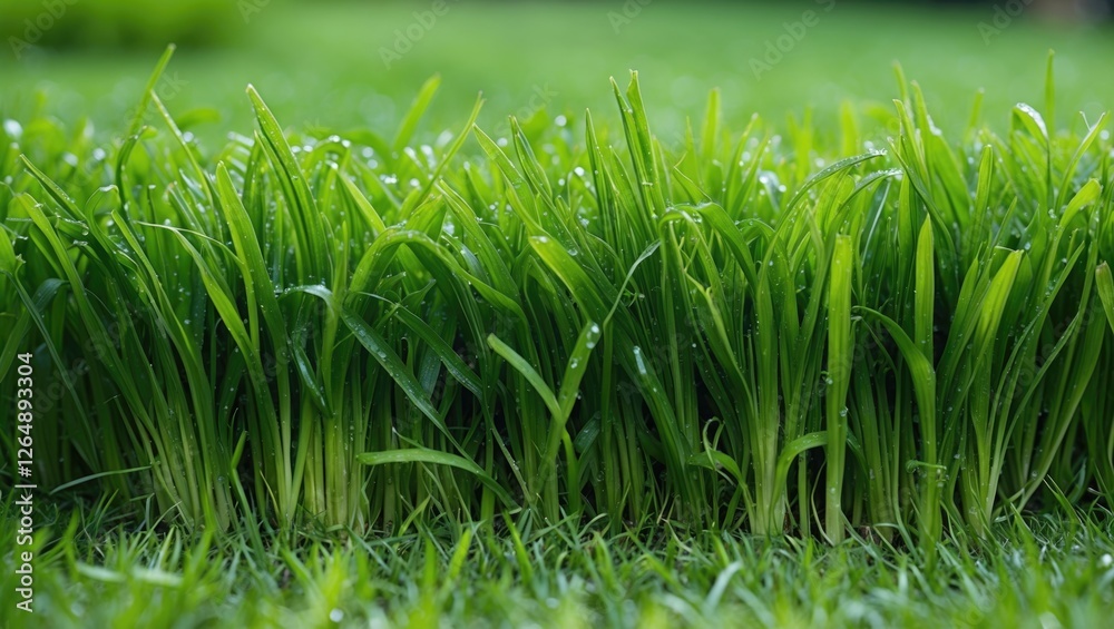 Poster lush green grass with dew droplets in a well-maintained lawn with natural bokeh background and ample