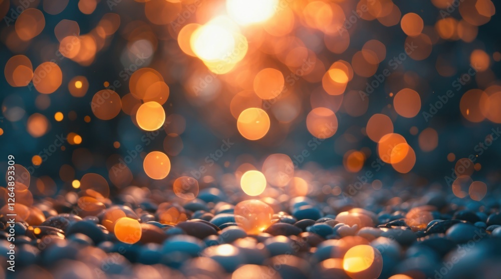 Leinwandbilder Blurred background of pebbles with warm bokeh lights creating an atmospheric feel shimmering in sunlight Copy Space