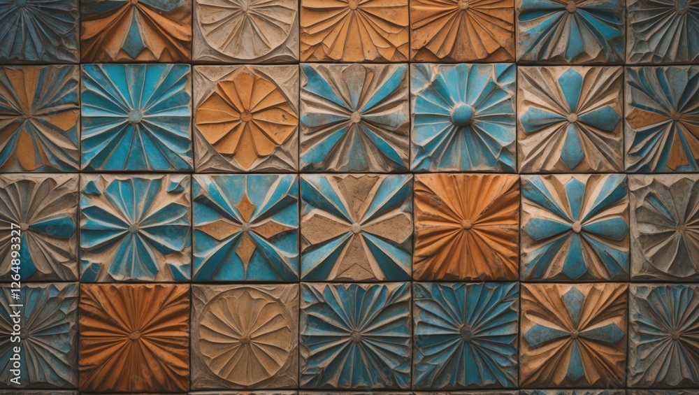 Aufkleber Colorful textured ceramic tiles in patterns of blue and orange arranged in a grid format with Copy Space.