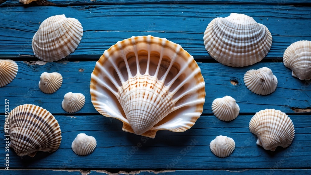 Poster seashells arranged on a blue wooden surface with space for text copy.