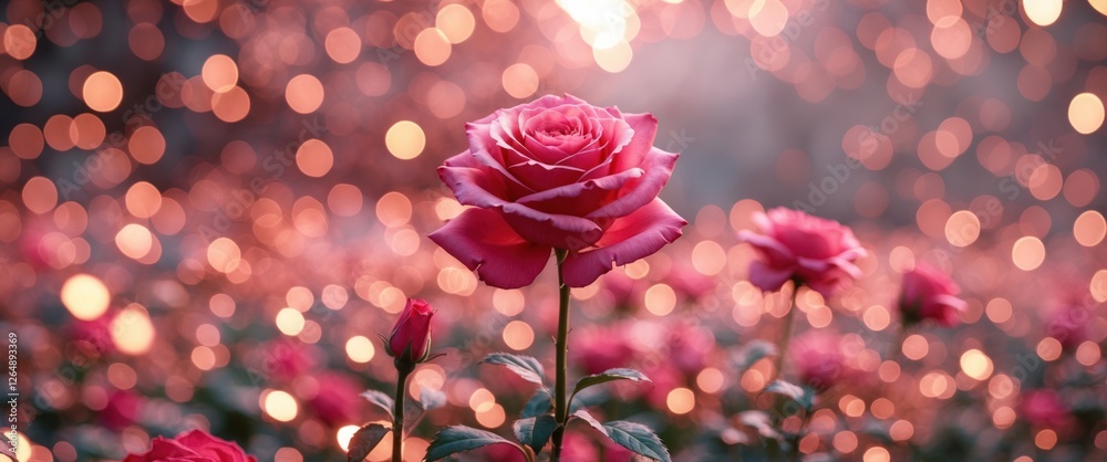 Poster pink rose with blurred bokeh background in a floral garden during golden hour with copy space for te