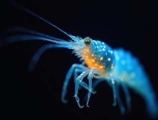 Glowing deep-sea shrimp swimming in pitch-black waters