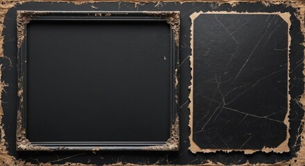 Vintage empty picture frame on textured dark background with a blank piece of paper, ideal for artistic display or framing. Copy Space