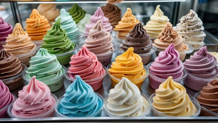 Variety of colorful soft serve ice cream cones arranged in cups with vibrant swirls on display in a dessert shop Copy Space