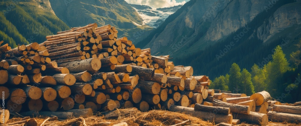 Poster wooden logs stacked in a forest clearing with mountains and a glacier in the background showcasing n