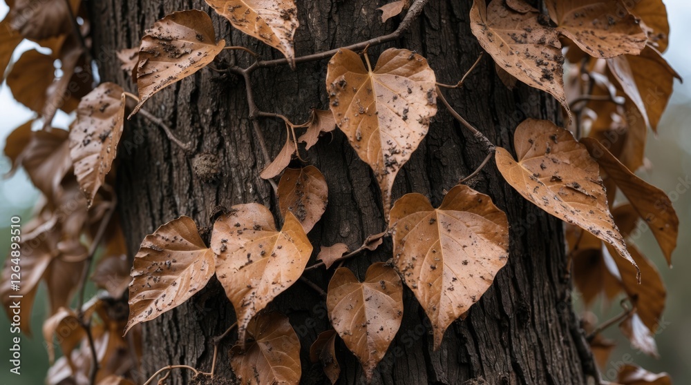 Poster autumn leaves on a tree trunk with texture detailed close-up showing brown foliage and vine copy spa