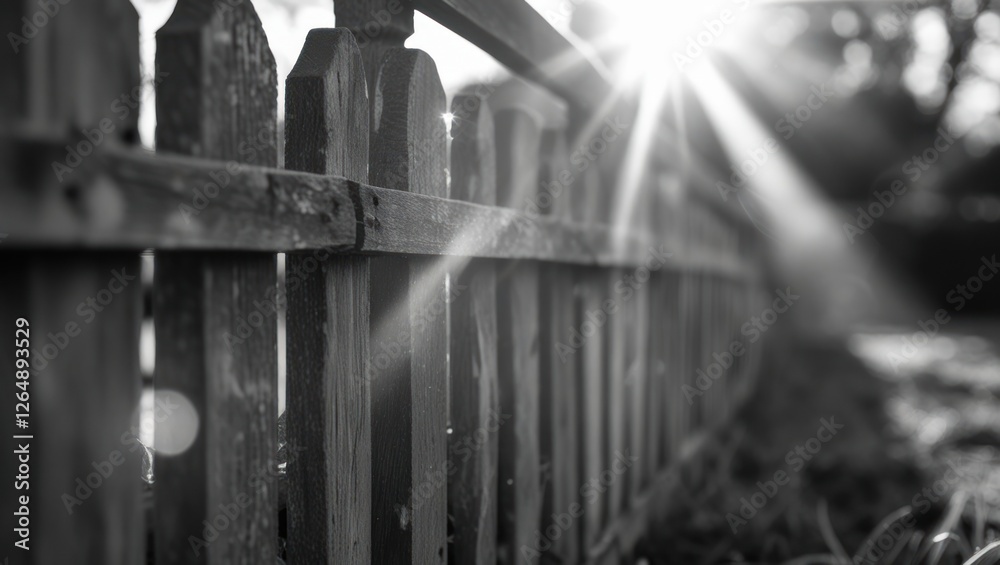 Poster black and white close up of a wooden picket fence with sunlight beams creating a soft glow and copy 