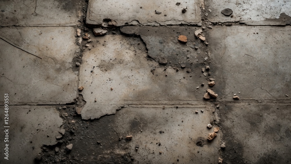 Aufkleber grungy concrete floor with cracks and debris scattered across the surface showcasing weathered tiles