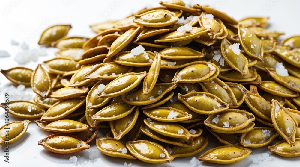 Poster roasted pumpkin seeds sprinkled with salt arranged on a white surface with a few scattered seeds in 