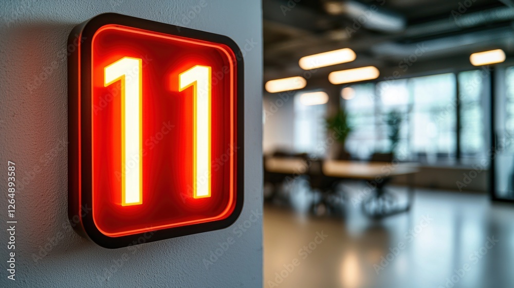 Poster brightly lit number eleven sign in modern office setting with contemporary design and soft ambient l
