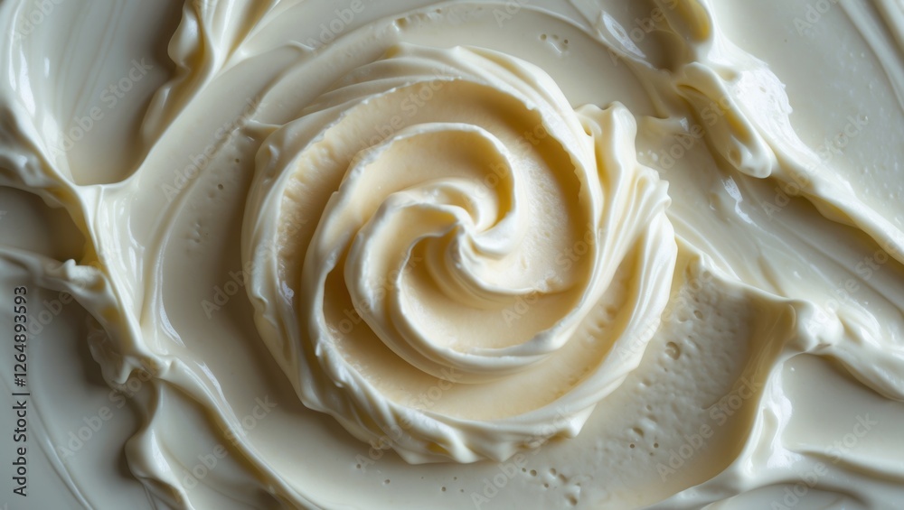 Poster swirled creamy frosting close-up on a white plate with smooth texture and shadows ideal for food pho
