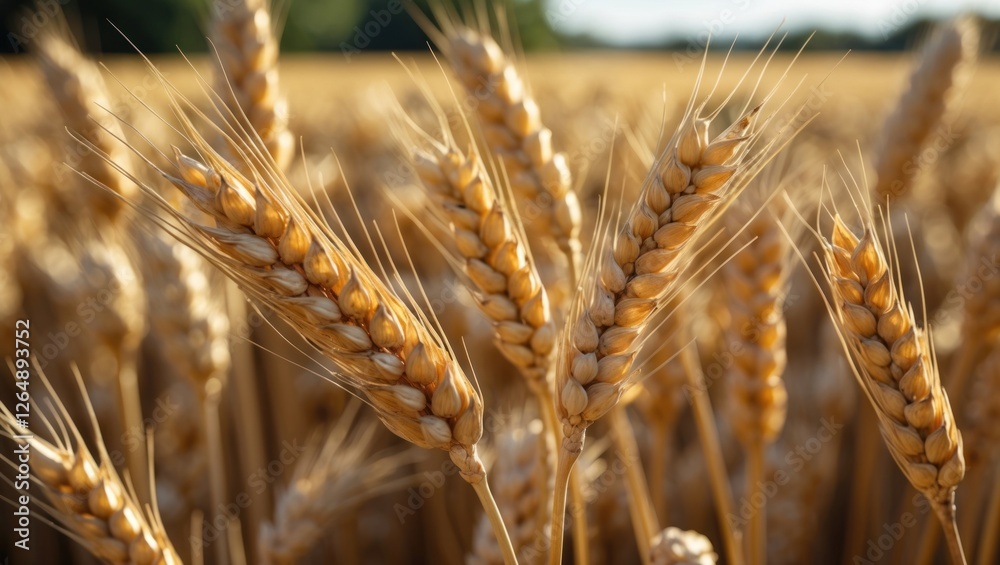 Aufkleber close-up of golden wheat ears in a field with a blurred background and natural sunlight copy space