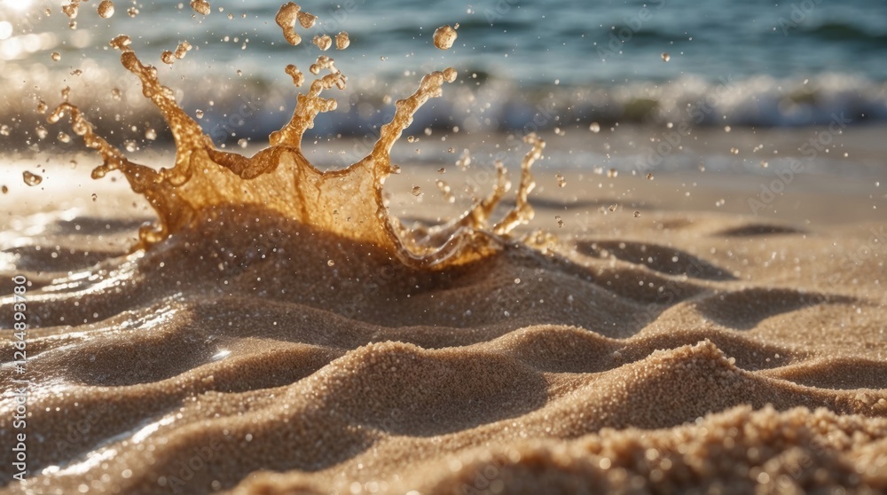 Poster splash of water on sandy beach with gentle waves in background during sunset hours showcasing textur