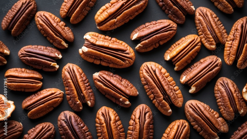 Poster Pecan nuts arranged on a dark background with a focus on texture and detail showcasing their natural shine and color