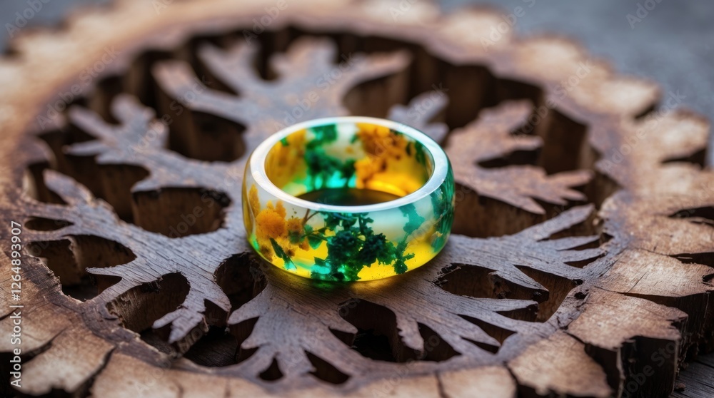 Poster colorful resin ring with embedded flowers displayed on intricate wooden background featuring leaf pa