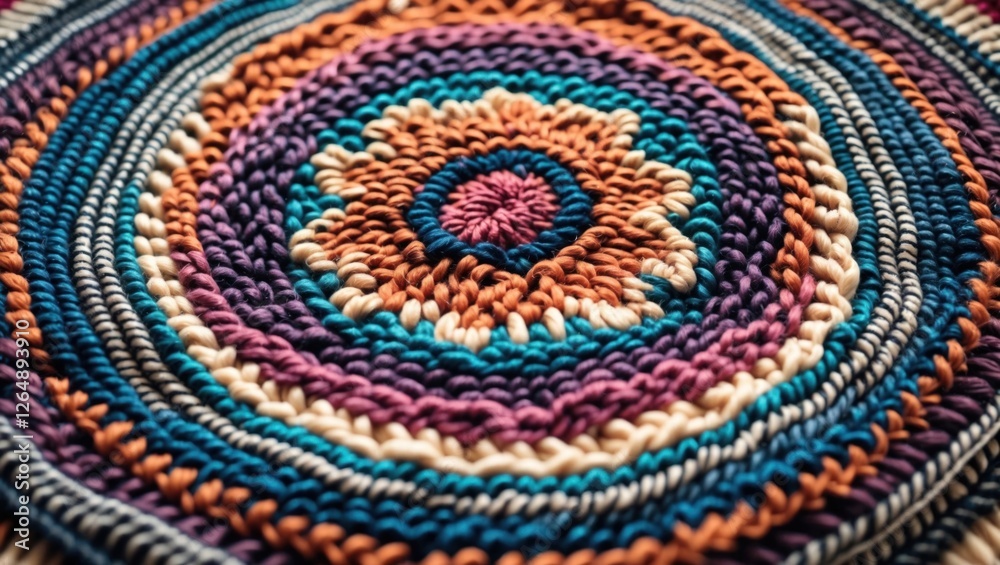 Poster colorful handcrafted textile circle with intricate patterns and rich textures on a natural backgroun