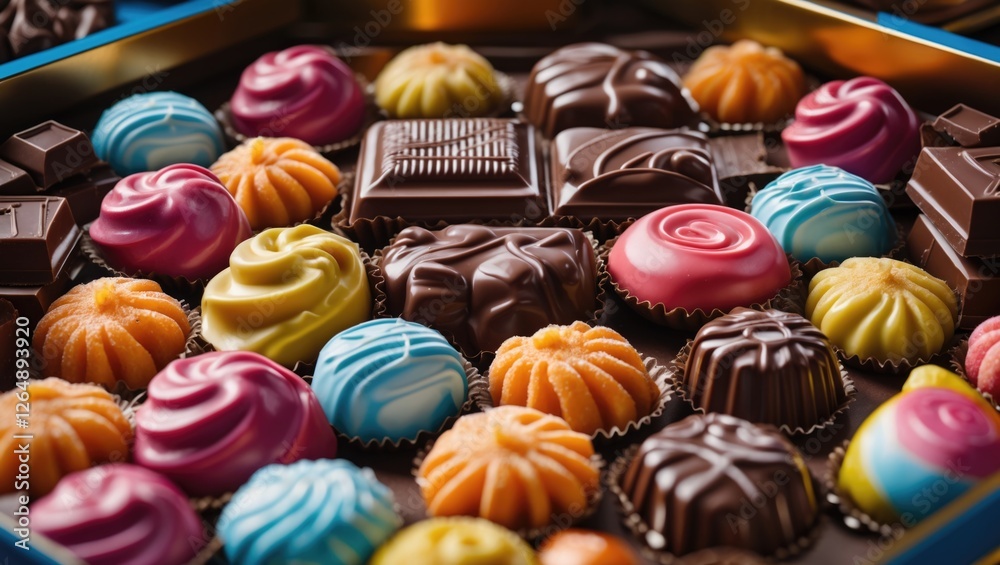 Poster Assorted colorful chocolates and confections in a decorative box with vibrant designs and textures. Copy Space