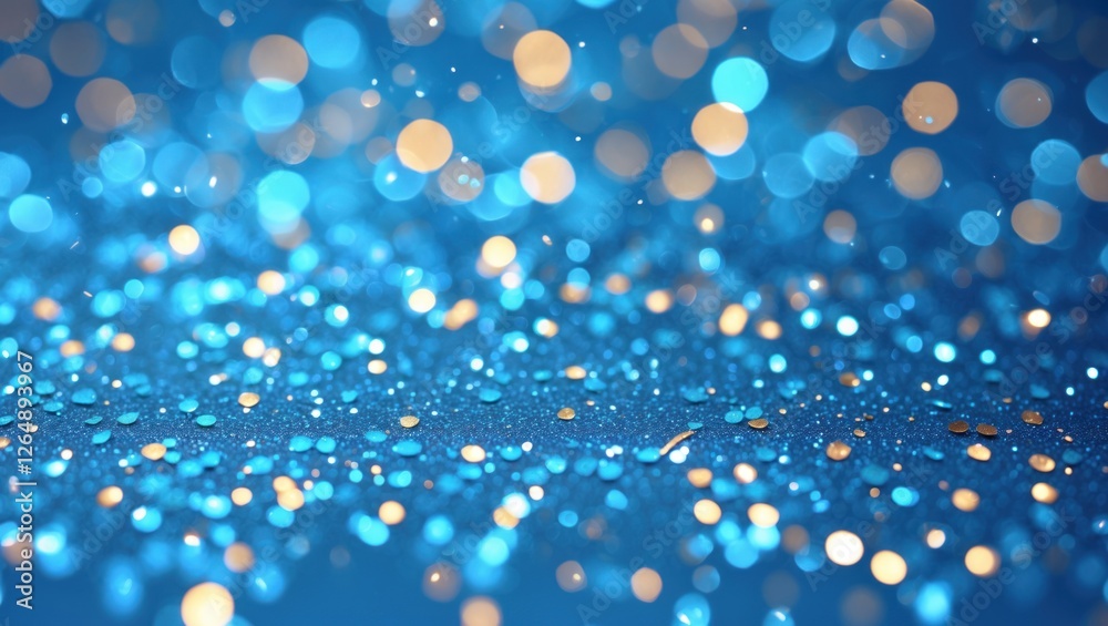 Poster Blue glitter background with bokeh effect featuring shimmering circles and soft focus lighting suitable for various design uses. Copy Space