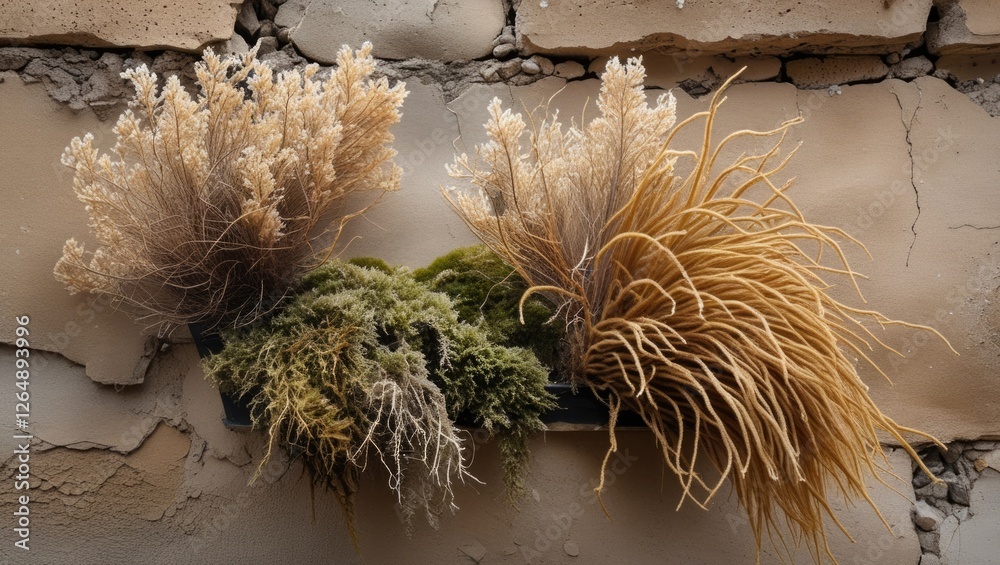 Poster dried ornamental grass and moss arrangement on textured wall background with natural colors and tone