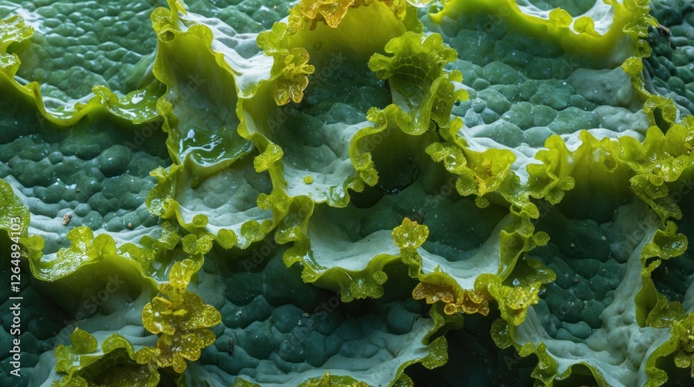 Poster close-up of vibrant green water lily leaves with intricate textures and rippled edges, suitable for 