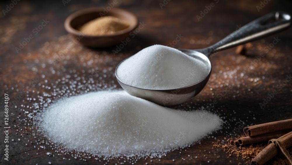Poster spoon with granulated sugar on rustic wooden background with brown sugar in wooden bowl and cinnamon
