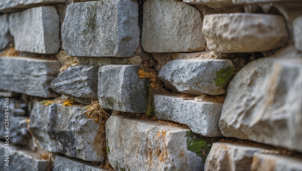 Aufkleber close-up of a textured stone wall featuring varying sizes of gray and beige stones with moss and vin