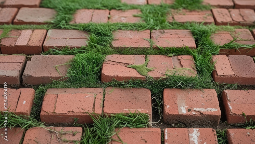 Poster Laying bricks with grass growing between them detailed view of an outdoor walkway with natural elements and textured surface Copy Space