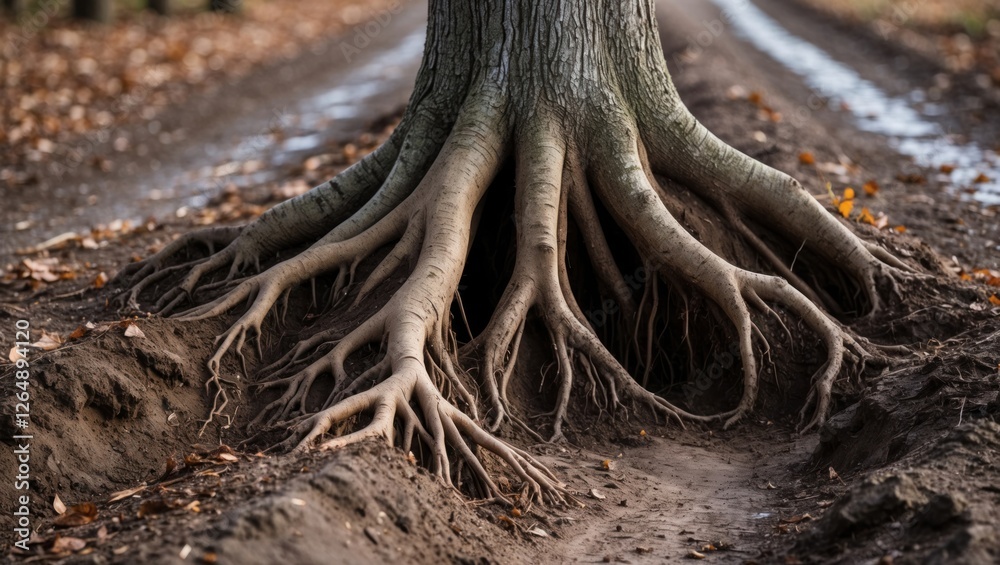 Poster Tree roots visible in soil along a rural path with autumn leaves scattered on the ground and a blurred background of trees Copy Space