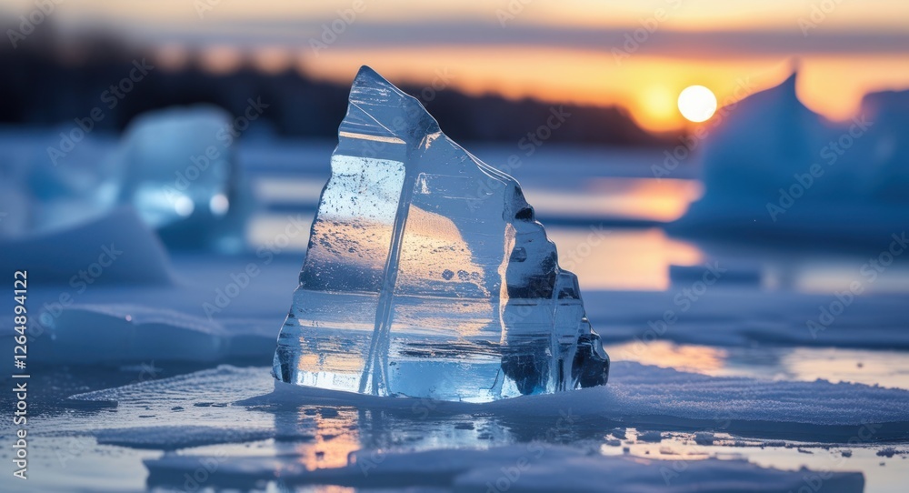 Aufkleber iceberg fragment on frozen lake at sunset with soft colors in the sky and reflections on the water c