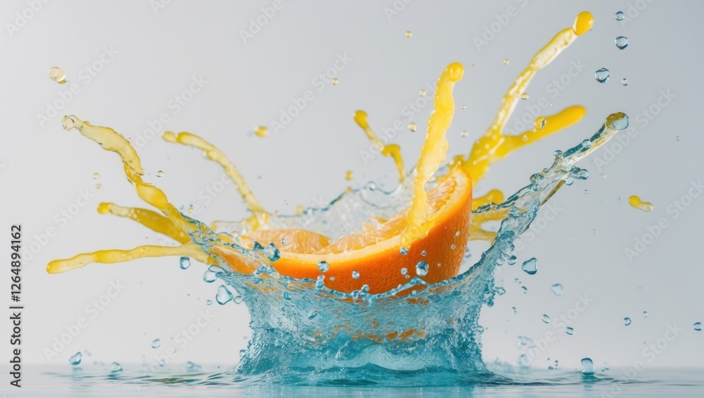 Aufkleber fresh orange slice splashing in clear water creating dynamic water droplets and vibrant juice splash