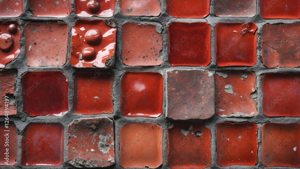 Aufkleber Red ceramic tile mosaic background with uneven glossy and matte texture and mortar between tiles, ideal for design projects, Copy Space
