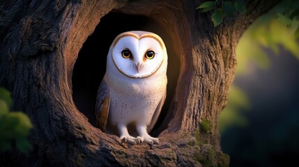 Majestic Barn Owl Perched in Tree Hollow Surrounded by Nature