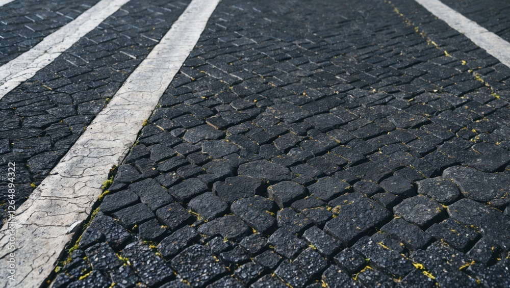 Poster Close-up view of weathered cobblestone pavement with white painted lines and scattered greenery, suitable for urban and architectural themes. Copy Space