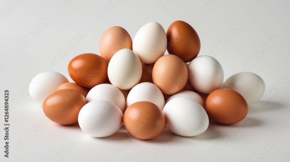 Poster Different colored eggs arranged in a pile on a white surface with smooth lighting and shadows Copy Space